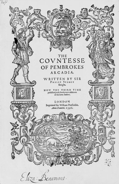 Frontispis k hraběnce z Pembrokes Arcadia, 1592, Sir Philip Sidney (1554-86), třetí vydání, pub. 1598 od English School