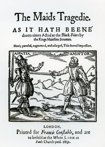 Frontispis k Tragédii služek od Sira Francise Beaumonta (1584-1616) a Johna Fletchera (1579-1625) 1622 od English School