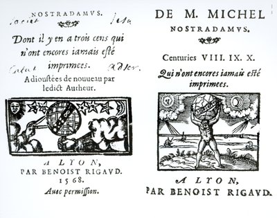 Frontispis k Proroctvím M. Michela Nostradama, hospoda. Benoist Rigaud, 1568 od English School