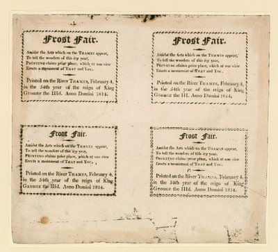 Frost Fair z roku 1814. Suvenýry vytištěné na ledě od English School