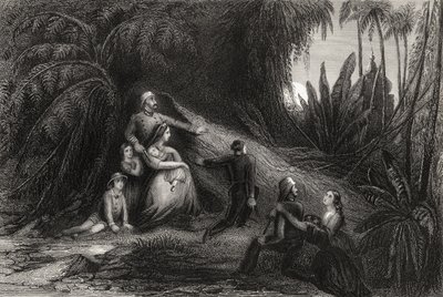 Důstojníci na útěku se svými rodinami, kteří se skrývají ve fialové barvě, z „Historie indické vzpoury“ vydané v roce 1858 od English School