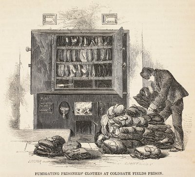 Fumigace oblečení vězňů ve věznici Coldbath Fields, ilustrace z knihy The Criminal Prisons of London and Scenes from Prison Life od Henryho Mayhewa a Johna Binnyho, vyd. 1862 od English School