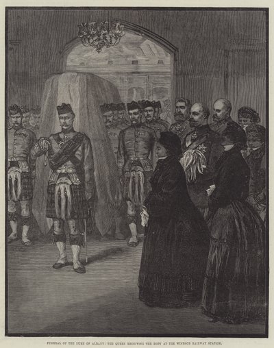 Pohřeb vévody z Albany, královny přijímající tělo na nádraží ve Windsoru (rytina) od English School