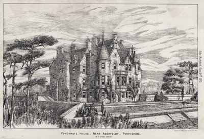 Fyndynate House, poblíž Aberfeldy, Perthshire (rytina) od English School