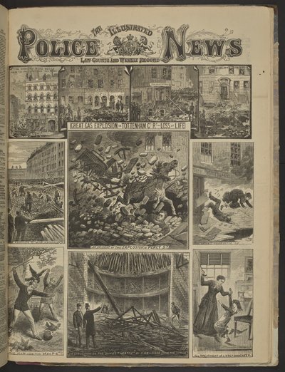 VELKÝ VÝBUCH PLYNU V TOTTENHAMU CT. Ztráta na životech.", Illustrated Police News od English School