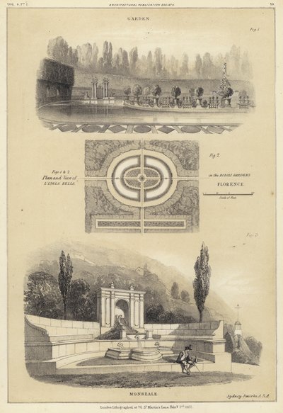 Zahrady: Isola Bella v zahradách Boboli, Florencie a Monreale, Itálie (litho) od English School