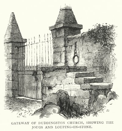 Gateway of Duddingston Church, zobrazující Jougs a Louping-on-Stone (rytina) od English School