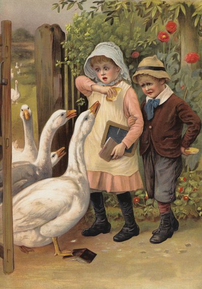 Husy honí děti za potravou (chromolitho) od English School