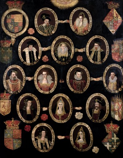 Genealogická mapa zachycující tudorovské kořeny Marie Stuartovny, skotské královny (1542-87) a jejího syna Jakuba VI. Skotského a I. Anglie (1566-1625) kolem roku 1603 od English School