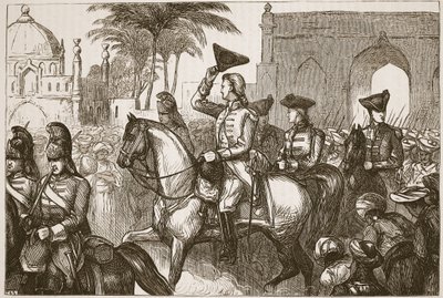 Generál Goddard vchází do Surat, ilustrace z Cassells Illustrated History of India od Jamese Granta, hospoda. 1879 od English School