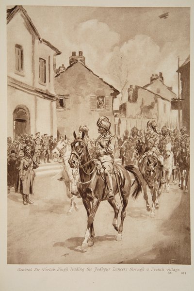 Generál Sir Pertab Singh vede Jodhpurské kopiníky francouzskou vesnicí, 1914-19 od English School