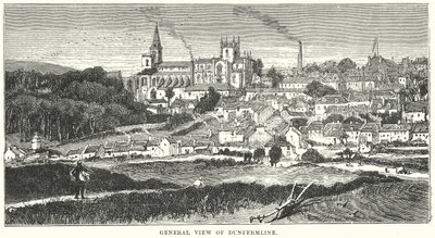 Celkový pohled na Dunfermline (rytina) od English School