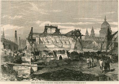 Celkový pohled na práce pro London, Chatham a Dover Railway Bridge v Blackfriars, Londýn od English School