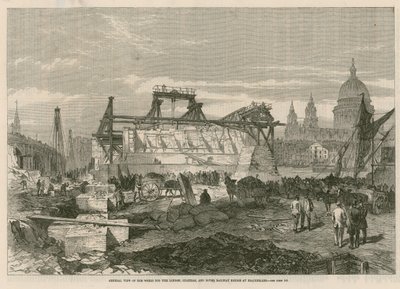 Celkový pohled na práce na železničním mostě Londýn, Chatham a Dover v Blackfriars od English School