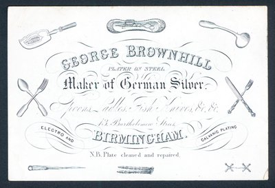 George Brownhill, výrobce německého stříbra, vizitka od English School