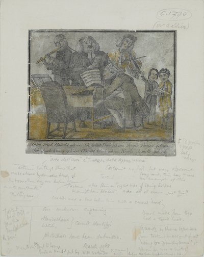 George Frideric Handel, Johann Sebastian Bach, Giuseppe Tartini, Johann Joachim Quantz, Christoph Gluck, Nicolo Jomelli, kolem 1750 (ručně kolorovaná rytina) od English School