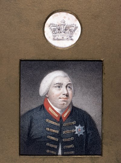 George III (1738-1820) ve Windsorské uniformě, kolem roku 1790 (barevná tečkovaná rytina) od English School
