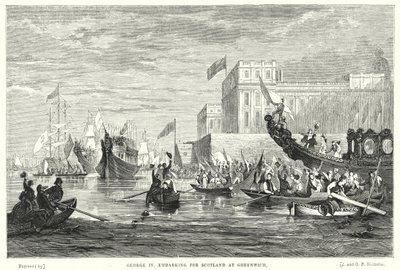 George IV nalodění do Skotska v Greenwichi (rytina) od English School