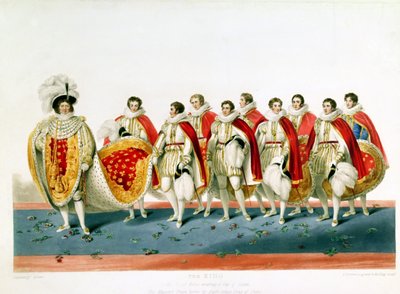 Jiří IV. v korunovačním rouchu s čepicí majetku, vyrytý E. Scrivenorem, z talíře sira George Naylora od English School