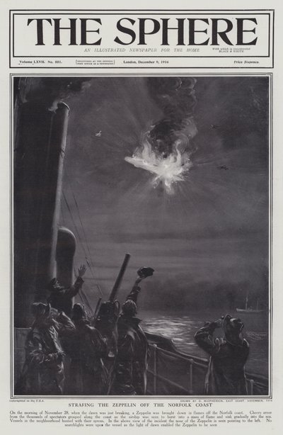 Německá vzducholoď Zeppelin sestřelená v plamenech u pobřeží Norfolku, první světová válka, 28. listopadu 1916 (litho) od English School