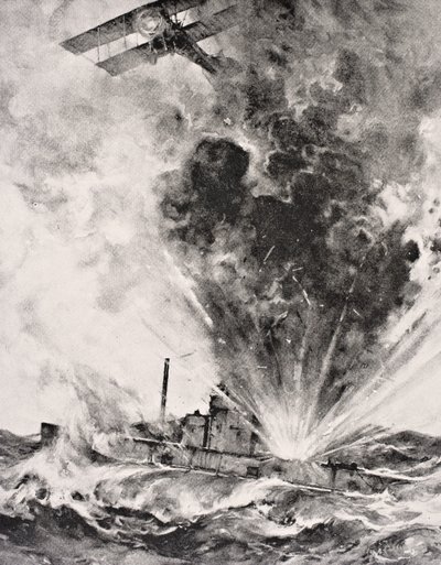 Německá ponorka bombardována a potopena 26. srpna 1915, z „The War Illustrated Album deLuxe“ vydaného Londýn 1916 (litho) od English School