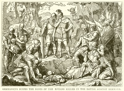 Germanicus pohřbívá kosti Římanů zabitých v bitvě proti Hermannovi od English School