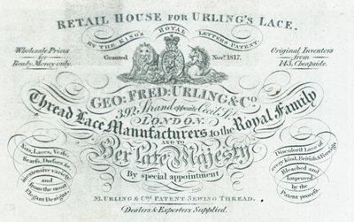 George Fred Curling & Co, výrobce nitěných krajek, vizitka od English School