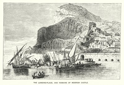 Gibraltar: Místo přistání a pozůstatky maurského hradu (rytina) od English School