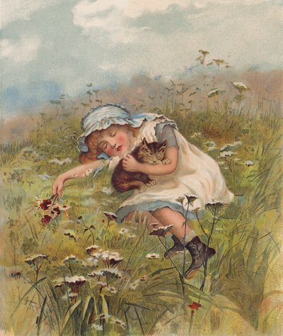 Dívka a kočka spící na poli (chromolit) od English School