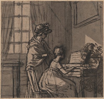Dívka u klavichordu, cca 1800 (pero a pero na papíře) od English School