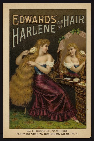 Dívka si kartáčuje dlouhé blond vlasy; Edwardova Harlene pro vlasy (chromolitho) od English School