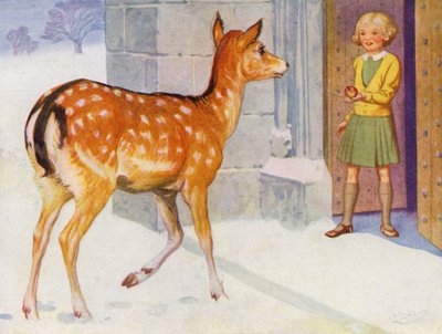 Dívka krmící jelena ve sněhu (barva litho) od English School