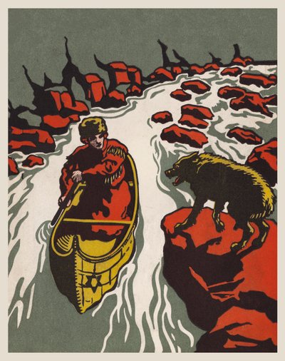 Dívka v kánoi ohrožovaná vlkem (barevná litografie) od English School