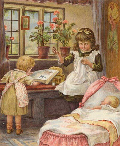 Dívka pečující o mladší sourozence (chromolit) od English School