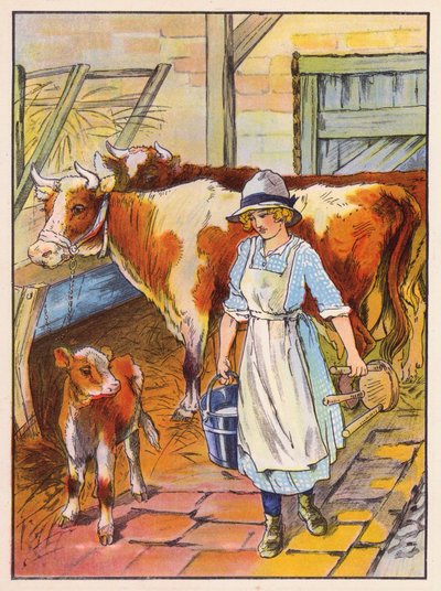 Dívka dojící krávy (barevná litografie) od English School