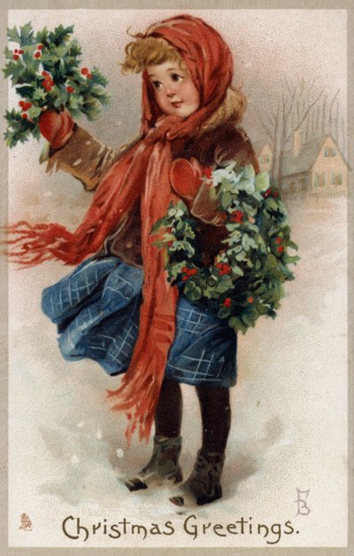 Dívka prodávající cesmínu a vánoční věnce (chromolitho) od English School