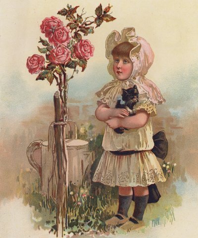 Dívka s kočkou a růžovým stromem (chromolit) od English School