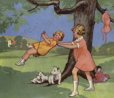 Dívky hrající na houpačce na anglickém venkově (barva litho) od English School