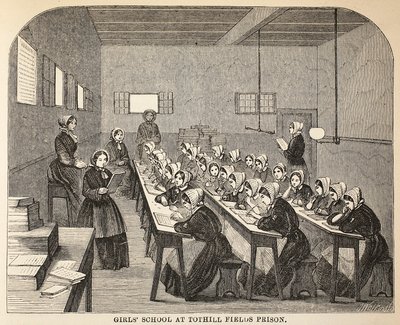 Dívčí škola ve věznici Tothill Fields, ilustrace z knihy The Criminal Prisons of London and Scenes from Prison Life od Henryho Mayhewa a Johna Binnyho, vyd. 1862 od English School