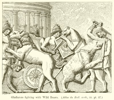 Gladiátoři bojující s divokými zvířaty. (Atlas du Bull. arch., iii. pl. 37) od English School