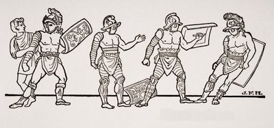Gladiátoři, z nástěnné malby v Pompejích, ilustrace z Nástin historie od H. G. Wellse, svazek I, vydané v roce 1820 od English School