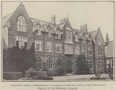 Godolphin School, Hammersmith, část hlavního průčelí, od jihu (rytina) od English School