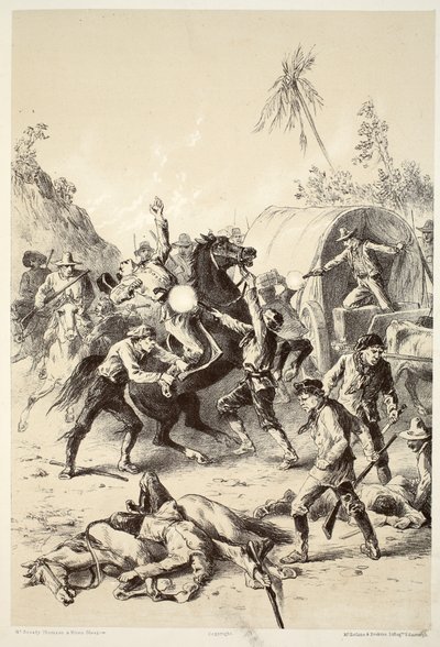 Zlatý doprovod napaden Bush Rangers, z Historie Australasie od Davida Blaira, McGradyho, Thomsona a Nivena, 1879 od English School