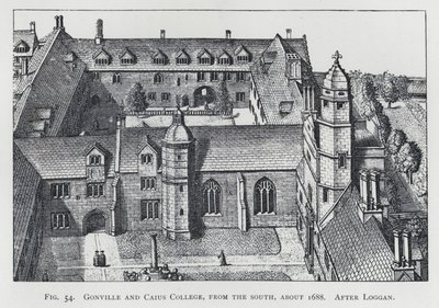 Gonville and Caius College, z jihu, asi 1688, po Loggan (rytina) od English School