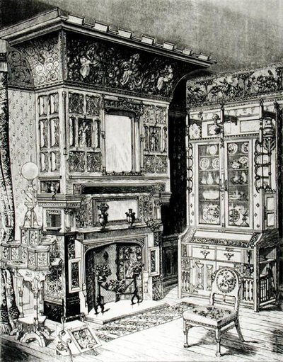 Gotická skříň a vysoce zdobený komínový kus z části místnosti sestavené Cox & Sons pro Philadelphii od English School