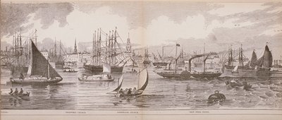 Grand Panorama of London, od řeky Temže při pohledu na Shadwell, East India Docks a Limehouse, 1849 (dřevoryt) od English School