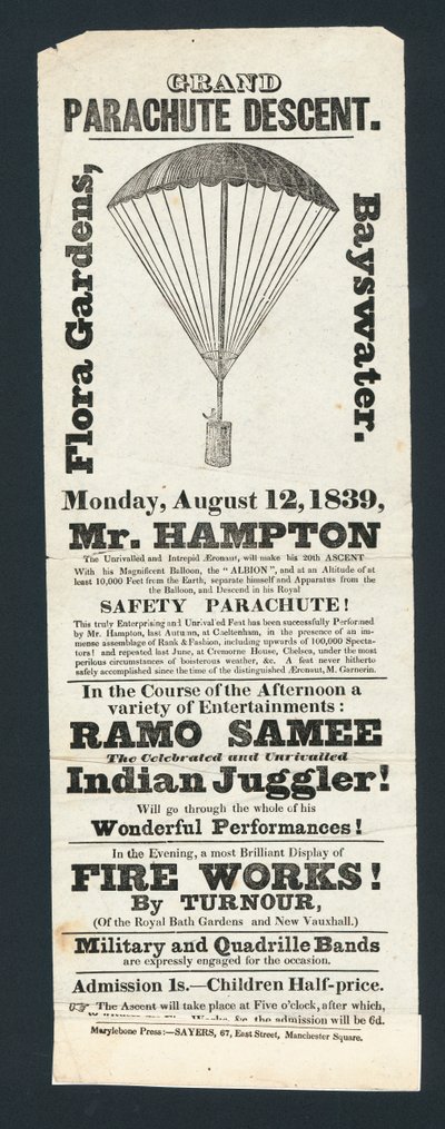 Grand Parachute Descent, Flora Gardens, Bayswater, 12. srpna 1839 od English School