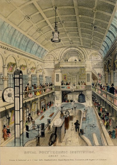 Velká síň Královské polytechnické instituce, Regent Street, tisk G.J. Cox, kolem roku 1840 od English School