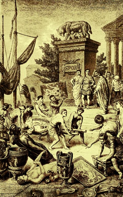 Řecká kultura – sochy a umělecká díla odvezená do Říma, ilustrace z Ilustrované historie světa, vydaná kolem roku 1880 (digitálně vylepšený obrázek) od English School