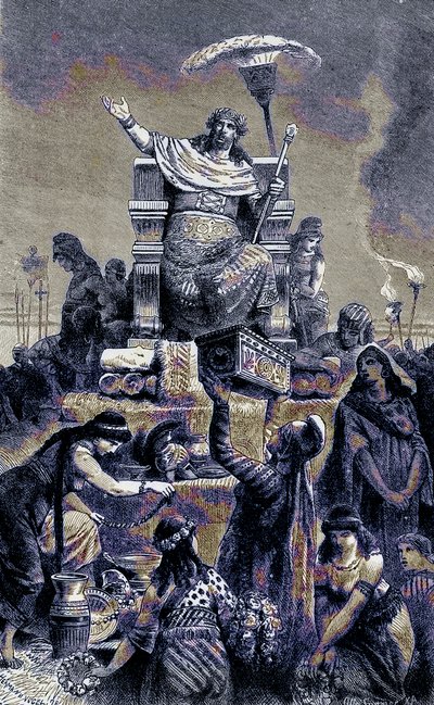 Řecká degenerace - Croesus na pohřební hromadě, ilustrace z Ilustrované historie světa, publikovaná kolem roku 1880 (digitálně vylepšený obrázek) od English School